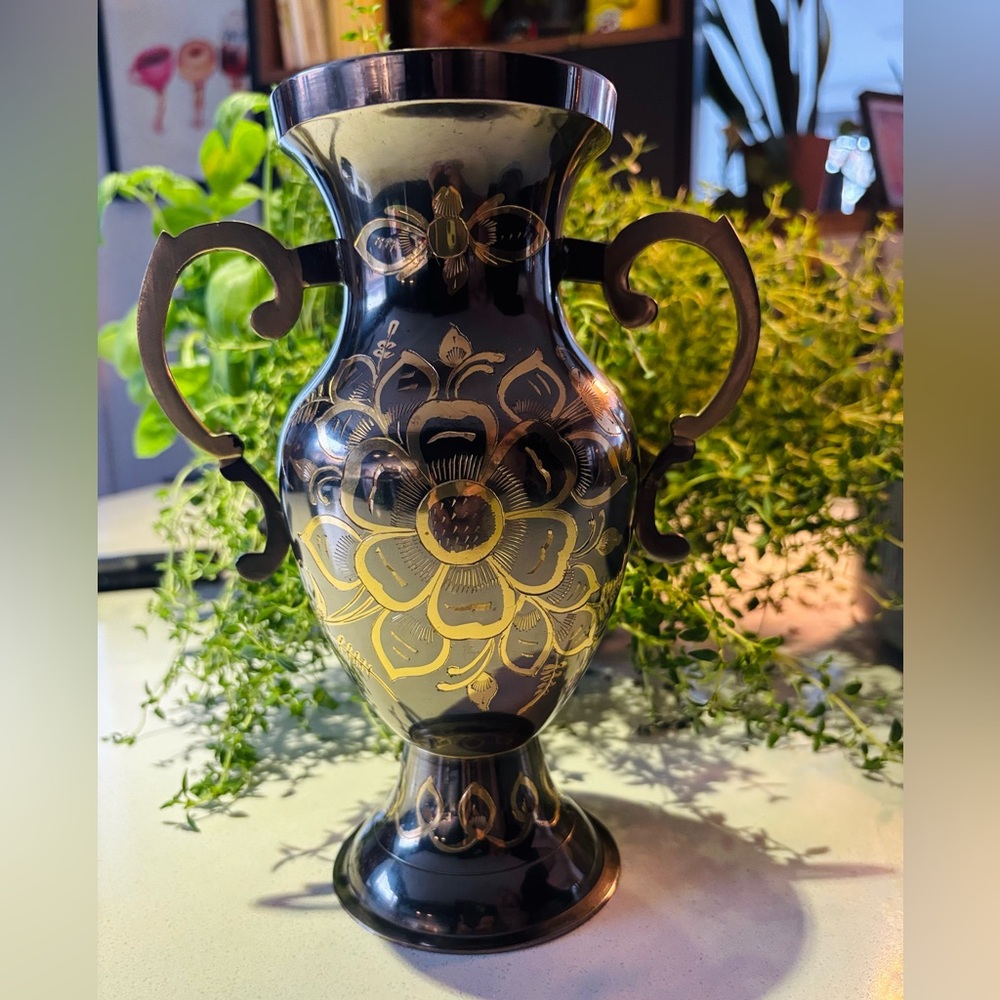 Solid Brass Laquered Black and Gold Floral Vase